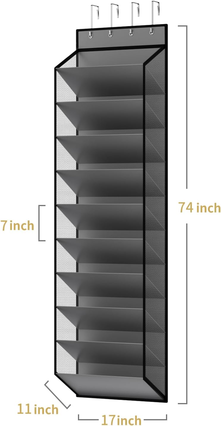 10 Tiers Mesh Over Door Shoe Organizer Storage, Hanging Shoe Holder fo Door with Large Deep Pockets, Holds 20-30 Pairs of Shoes, Ideal for Sneakers & Boots(Grey)