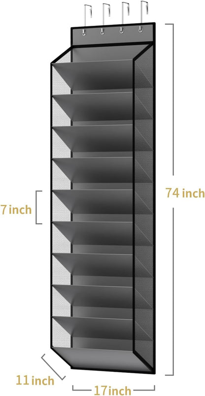 10 Tiers Mesh Over Door Shoe Organizer Storage, Hanging Shoe Holder fo Door with Large Deep Pockets, Holds 20-30 Pairs of Shoes, Ideal for Sneakers & Boots(Grey)