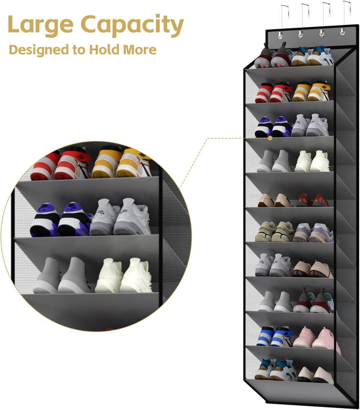 10 Tiers Mesh Over Door Shoe Organizer Storage, Hanging Shoe Holder fo Door with Large Deep Pockets, Holds 20-30 Pairs of Shoes, Ideal for Sneakers & Boots(Grey)