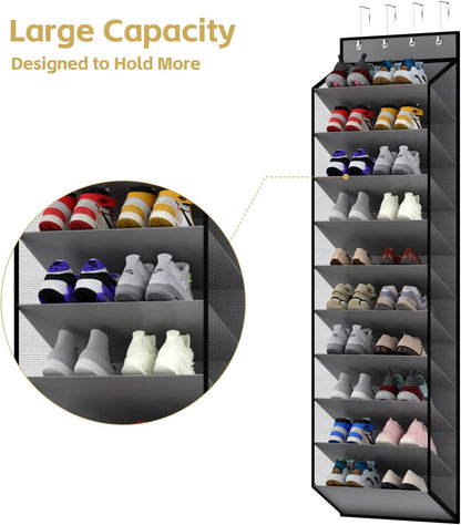 10 Tiers Mesh Over Door Shoe Organizer Storage, Hanging Shoe Holder fo Door with Large Deep Pockets, Holds 20-30 Pairs of Shoes, Ideal for Sneakers & Boots(Grey)