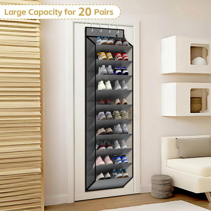 10 Tiers Mesh Over Door Shoe Organizer Storage, Hanging Shoe Holder fo Door with Large Deep Pockets, Holds 20-30 Pairs of Shoes, Ideal for Sneakers & Boots(Grey)