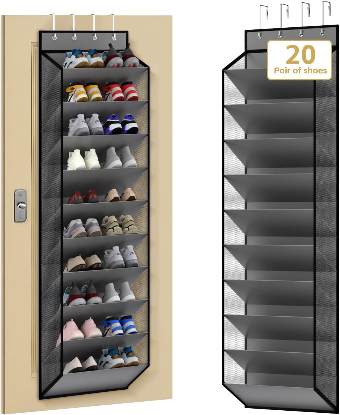 10 Tiers Mesh Over Door Shoe Organizer Storage, Hanging Shoe Holder fo Door with Large Deep Pockets, Holds 20-30 Pairs of Shoes, Ideal for Sneakers & Boots(Grey)
