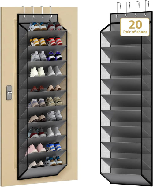 10 Tiers Mesh Over Door Shoe Organizer Storage, Hanging Shoe Holder fo Door with Large Deep Pockets, Holds 20-30 Pairs of Shoes, Ideal for Sneakers & Boots(Grey)