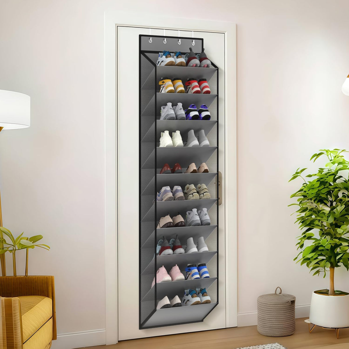 10 Tiers Mesh Over Door Shoe Organizer Storage, Hanging Shoe Holder fo Door with Large Deep Pockets, Holds 20-30 Pairs of Shoes, Ideal for Sneakers & Boots(Grey)