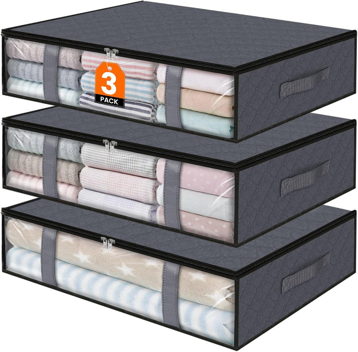 StorageRight Under Bed Storage Bags, 3 Pack, 40L, Gray