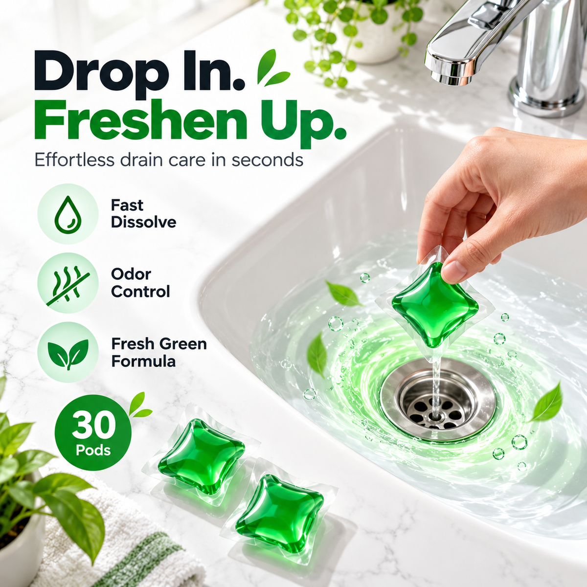 🎁 BUY 1 GET 1 FREE 🔥 Bio-Enzyme Drain Freshener Capsules | Long-Lasting Freshness & Odor Control 🚿 30 PCS/Box